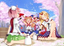Rule 34 | 3girls, alcohol, annoyed, armpits, arms up, bad anatomy, bad feet, bad hands, bandages, barefoot, blonde hair, blush, bow, bucket, bun cover, chain, cherry blossoms, chinese clothes, cloud, crossed legs, cuffs, cup, day, double bun, drooling, closed eyes, fang, female focus, frown, gourd, grass, grin, hahaha, hanufoa, horn ornament, horn ribbon, horns, hoshiguma yuugi, ibaraki kasen, ibuki suika, indian style, kneeling, multiple girls, orange hair, outdoors, outstretched arms, petals, pink hair, poorly drawn, ribbon, sakazuki, sake, saliva, shirt, single horn, sitting, skirt, sleeveless, sleeveless shirt, smile, t-shirt, touhou