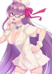 Rule 34 | 12 hnt, 1girl, absurdres, bb (bb shot!) (fate), bb (fate), black-framed eyewear, blush, breasts, choker, cleavage, dress, fate/extra, fate/extra ccc, fate/grand order, fate (series), glasses, hair ribbon, hand on own hip, hat, highres, index finger raised, large breasts, long hair, looking at viewer, nurse, nurse cap, one eye closed, open mouth, plunging neckline, purple eyes, purple hair, ribbon, short dress, short sleeves, simple background, smile, solo, very long hair, white background, white choker, white dress, wrist cuffs