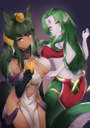 Rule 34 | 2girls, absurdres, animal ears, animal hands, anubis (monster girl encyclopedia), blush, breasts, cleavage, closed mouth, cowboy shot, cup, dark-skinned female, dark green hair, dark skin, echidna (monster girl encyclopedia), green eyes, green hair, hair ornament, hair tubes, highres, holding, holding cup, kakuma, lamia, large breasts, long hair, looking at viewer, looking back, monster girl, monster girl encyclopedia, multiple girls, pale skin, parted bangs, pointy ears, scales, slit pupils, smile, snake hair, snake hair ornament, standing, tail, take your pick, wolf ears, wolf girl, wolf tail, yellow eyes