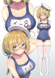 Rule 34 | 1girl, adjusting clothes, adjusting headwear, blonde hair, blue eyes, breasts, cleavage, collarbone, commentary, full body, glasses, grey background, hand on own chest, hat, highres, i-8 (kancolle), kantai collection, large breasts, looking at viewer, low twintails, multiple views, name tag, nekokyun, no shoes, old school swimsuit, one-piece swimsuit, peaked cap, red-framed eyewear, revision, sailor hat, school swimsuit, semi-rimless eyewear, simple background, standing, swimsuit, thighhighs, thighs, twintails, white thighhighs