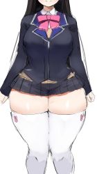 Rule 34 | 1girl, absurdres, bad id, bad twitter id, black hair, black jacket, breasts, curvy, highres, jacket, large breasts, long hair, nijisanji, pink ribbon, ribbon, school uniform, skirt, smile, solo, thick thighs, thighhighs, thighs, tsukino mito, vest, virtual youtuber, wasabi sushi, wide hips