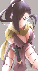 Rule 34 | 1girl, arm blade, arm guards, between legs, black hair, breasts, cleavage, fire emblem, fire emblem fates, grey background, hair over one eye, hand between legs, highres, japanese clothes, kagero (fire emblem), kneeling, large breasts, long hair, looking at viewer, ninja, nintendo, pelvic curtain, ponytail, scarf, simple background, skeptycally, solo, twitter username, weapon, yellow eyes