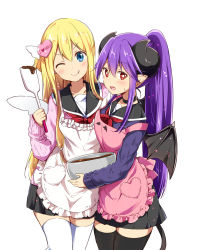 Rule 34 | 2girls, ;q, amatsuka poi, apron, black choker, black legwear, black sailor collar, black skirt, black wings, blonde hair, blue eyes, blush, bowl, chikanoko, chocolate, choker, closed mouth, collarbone, commentary request, curled horns, demon girl, demon horns, demon tail, demon wings, hair between eyes, hair ornament, head tilt, heart, heart hair ornament, high ponytail, highres, holding, holding bowl, horns, long sleeves, mixing bowl, multiple girls, naito mare, one eye closed, open mouth, pink apron, pink sweater, pleated skirt, ponytail, purple hair, purple sweater, ragho no erika, red eyes, red neckwear, sailor collar, simple background, skirt, sleeves past wrists, smile, spatula, sweat, sweater, tail, thighhighs, tongue, tongue out, white apron, white background, white legwear, white wings, wings