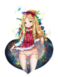 Rule 34 | 10s, 1girl, blonde hair, bow, brown eyes, clothes lift, dress, dress lift, drill hair, eromanga sensei, frills, gluteal fold, hair bow, hairband, highres, lifted by self, long hair, looking at viewer, panties, petticoat, pointy ears, sk tori, smile, solo, thighhighs, twin drills, underwear, white panties, white thighhighs, yamada elf