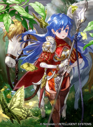 Rule 34 | 1girl, armor, armored dress, blue eyes, blue hair, blush, boots, brown footwear, brown thighhighs, bug, butterfly, caeda (fire emblem), cape, dress, elbow gloves, fingerless gloves, fire emblem, fire emblem: mystery of the emblem, fire emblem cipher, gloves, hair blowing, insect, long hair, matching hair/eyes, mayo (becky2006), nintendo, official art, pegasus, polearm, scabbard, sheath, sheathed, short dress, side slit, smile, solo, spear, sword, thigh boots, thighhighs, weapon
