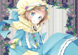 Rule 34 | 1girl, :d, bad id, bad pixiv id, blue bow, blue dress, blue eyes, bow, brooch, brown hair, capelet, commentary request, dress, floral background, flower, hat, hat flower, hat ribbon, jewelry, lace, lace-trimmed dress, lace trim, long dress, long sleeves, looking at viewer, mob cap, open mouth, original, pendant, ribbon, ribbon-trimmed dress, short hair, sitting, smile, solo, tsukiyo (skymint), white ribbon, wide sleeves, yellow capelet, yellow hat