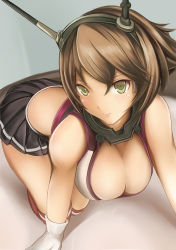 Rule 34 | 10s, 1girl, breasts, brown hair, cleavage, gloves, green eyes, hair between eyes, kantai collection, large breasts, looking at viewer, miniskirt, mutsu (kancolle), nannacy7, short hair, skirt, solo, thighs