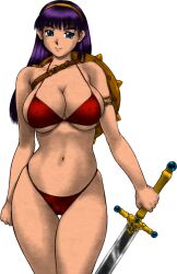 Rule 34 | 1girl, absurdres, armlet, athena (series), bikini, breasts, cameltoe, choker, cleavage, cleft of venus, colorized, covered erect nipples, curvy, front-tie top, highres, iruma kamiri, large breasts, legs, long hair, looking at viewer, navel, princess, princess athena, purple hair, red bikini, shield, skindentation, snk, solo, standing, swimsuit, sword, textless version, thick thighs, thighs, third-party edit, underboob, walking, weapon, wide hips