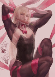 Rule 34 | 1boy, arms behind head, black leotard, blonde hair, bound, bow, bowtie, carrot, hair between eyes, highres, leotard, male focus, male playboy bunny, mouth hold, nat the lich, nathaniel (nat the lich), one eye closed, original, pantyhose, pointy ears, red bow, red bowtie, ribbon, ribbon bondage, simple background, solo