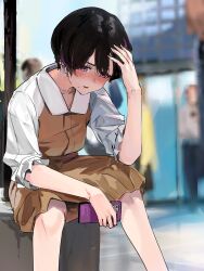 Rule 34 | 1girl, black hair, blurry, blurry background, blush, brown dress, cellphone, collared dress, commentary request, dress, ear piercing, earclip, funi mu9, hand on own head, highres, holding, holding phone, mole, mole under mouth, multicolored hair, original, parted lips, people, phone, piercing, purple hair, short hair, sitting, smartphone, solo focus, streaked hair, two-tone hair, white sleeves