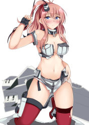 Rule 34 | 1girl, blue eyes, breasts, brown hair, cannon, dress, flight deck, hair between eyes, headgear, highres, impossible clothes, kantai collection, looking at viewer, machinery, medium breasts, navel, ponytail, saratoga (kancolle), saratoga mk ii (kancolle), side ponytail, sidelocks, simple background, sitting, solo, thighhighs, torn clothes, turret, wariza, white background, white dress, yamato (083)
