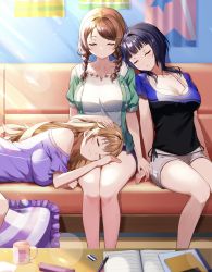 Rule 34 | 3girls, asaka karin, bedroom, black hair, blush, braid, breasts, brown hair, closed eyes, couch, emma verde, eyelashes, head on another&#039;s shoulder, highres, indoors, konoe kanata, lap pillow, large breasts, love live!, love live! nijigasaki high school idol club, mia (fai1510), mole, mole on collarbone, multiple girls, on couch, parted lips, shorts, sitting, sleeping, thighs, twin braids, twintails
