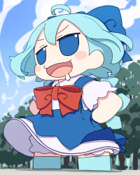 Rule 34 | 1girl, absurdres, blue bow, blue dress, blue eyes, blue footwear, blue hair, bow, cirno, day, dress, drooling, fairy, fumo (doll), hair bow, highres, ice, ice wings, kame (kamepan44231), open mouth, outdoors, shirt, shoes, short hair, short sleeves, sky, smile, solo, standing, touhou, tree, white shirt, wings