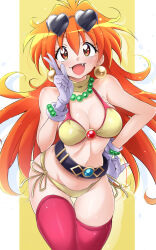 Rule 34 | 1girl, bead necklace, beads, bikini, blush, breasts, cleavage, commentary request, earrings, eyewear on head, fang, gloves, hair between eyes, heart, heart-shaped eyewear, highres, jewelry, kirisaki reina, large breasts, lina inverse, long hair, looking at viewer, medium breasts, navel, necklace, open mouth, orange eyes, orange hair, red thighhighs, side-tie bikini bottom, slayers, smile, solo, sunglasses, swimsuit, thigh gap, thighhighs, two-tone background, v, white background, white gloves, yellow background, yellow bikini