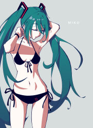 Rule 34 | 1girl, 3qaq, absurdres, adjusting hair, aqua hair, arms behind head, arms up, bikini, black bikini, breasts, character name, closed eyes, closed mouth, collarbone, cowboy shot, eyebrows, eyelashes, female focus, grey background, hatsune miku, highres, long hair, navel, simple background, skinny, small breasts, solo, standing, swimsuit, twintails, very long hair, vocaloid