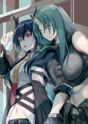 Rule 34 | 2girls, arknights, black shirt, black shorts, blue hair, breasts, ch&#039;en (arknights), closed mouth, clothes around waist, commentary request, dragon horns, gloves, green hair, hair between eyes, highres, holding, holding paper, horns, hoshiguma (arknights), jacket, jacket around waist, large breasts, long hair, midriff, multicolored neckwear, multiple girls, navel, necktie, neckwear request, open mouth, paper, parted bangs, red eyes, shirt, shirt around waist, shorts, single horn, skin-covered horns, standing, stomach, two-tone necktie, yellow eyes, yellow neckwear, yue (lov n n)