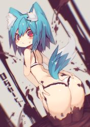Rule 34 | 1girl, animal ear fluff, animal ears, ass, bare arms, blue hair, blush, bra, chocolate, highres, looking at viewer, mamuru, original, panties, red eyes, solo, tail, thong, underwear, underwear only