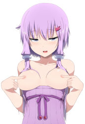 Rule 34 | 1girl, :d, abmayo, alternate breast size, bare arms, bare shoulders, blush, breasts, breasts out, clothes pull, collarbone, covering nipples, covering privates, dress, dress pull, hair ornament, hair tubes, half-closed eyes, highres, long hair, looking at viewer, low twintails, medium breasts, naughty face, open mouth, purple dress, purple hair, purple ribbon, rabbit hair ornament, ribbon, round teeth, short hair with long locks, simple background, smile, solo, strapless, strapless dress, striped clothes, striped dress, teeth, tsurime, twintails, upper body, vertical-striped clothes, vertical-striped dress, vocaloid, voiceroid, white background, yuzuki yukari