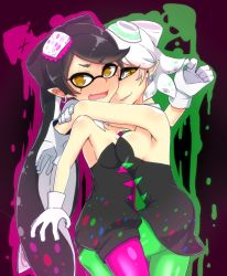 Rule 34 | + +, 2girls, :d, @ @, arm grab, armpits, arms around neck, bare shoulders, between legs, black dress, black hair, blush, breast press, breasts, brown eyes, callie (splatoon), cousins, cowboy shot, detached collar, detached sleeves, domino mask, dress, earrings, embarrassed, female focus, food, food on head, from side, frottage, full-face blush, gloves, green legwear, hair ornament, half-closed eyes, hug, i b b e, incest, inkling, jewelry, large breasts, leg between thighs, legs, long hair, looking at viewer, marie (splatoon), mask, mole, mole under eye, multiple girls, naughty face, nintendo, object on head, open mouth, paint splatter, pantyhose, pointy ears, purple legwear, short hair, short jumpsuit, shy, sideboob, simple background, smile, splatoon (series), splatoon 1, squid, standing, strapless, strapless dress, surprised, symbol-shaped pupils, symmetrical docking, tentacle hair, white gloves, white hair, yellow eyes, yuri