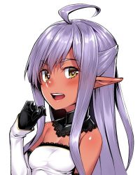 Rule 34 | 1girl, :d, ahoge, bare shoulders, black gloves, blush, detached collar, dress, elf, female focus, gloves, h kasei, hand up, long hair, long sleeves, looking at viewer, open mouth, original, pointy ears, purple hair, simple background, sleeves past wrists, smile, solo, upper body, white background, white dress