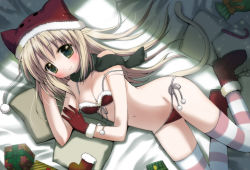 Rule 34 | 1girl, animal hat, arm support, bikini, blonde hair, blush, boots, breasts, candy, candy cane, christmas, cleavage, food, front-tie top, gift, gloves, green eyes, green scarf, hat, kuro (nyago kuromaru), long hair, lying, navel, original, red bikini, red gloves, santa costume, scarf, side-tie bikini bottom, small breasts, smile, solo, strap slip, string bikini, striped clothes, striped thighhighs, swimsuit, tail, thighhighs