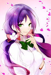 Rule 34 | 10s, 1girl, bow, bowtie, collared shirt, dress shirt, flower, green bow, green bowtie, green eyes, hair bow, hair flower, hair ornament, hand to own mouth, long hair, looking at viewer, love live!, love live! school idol project, lpip, petals, purple hair, school uniform, shirt, smile, solo, striped bow, striped bowtie, striped clothes, striped neckwear, tojo nozomi, twintails, upper body, white shirt