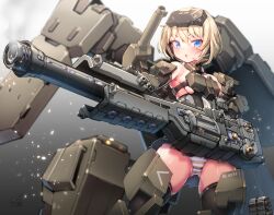 Rule 34 | 1girl, armor, bare shoulders, black gloves, black thighhighs, blonde hair, blue eyes, blush, breasts, cannon, caterpillar tracks, doyouwantto, elbow gloves, frame arms girl, gloves, gourai, headgear, mecha musume, medium breasts, open mouth, panties, short hair, shoulder cannon, skindentation, skirt, solo, striped clothes, striped panties, thick thighs, thighhighs, thighs, underboob, underwear