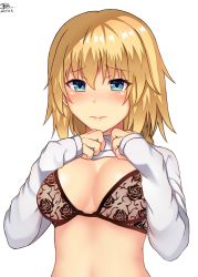 Rule 34 | 1girl, 2017, blonde hair, blue eyes, blush, bra, breasts, cleavage, clothes lift, dated, dyxm, fate/apocrypha, fate (series), hair between eyes, highres, jeanne d&#039;arc (fate), jeanne d&#039;arc (ruler) (fate), long hair, medium breasts, shirt, shirt lift, signature, simple background, solo, underwear, upper body, white background, white shirt