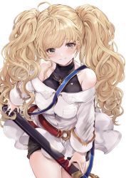 Rule 34 | 1girl, bare shoulders, belt, black shorts, blonde hair, blush, breasts, granblue fantasy, grey eyes, halterneck, highres, large breasts, long hair, long sleeves, looking at viewer, monika weisswind, off-shoulder shirt, off shoulder, sheath, shirt, shorts, simple background, smile, solo, soraneko hino, sword, thighs, twintails, wavy hair, weapon, white background, white shirt