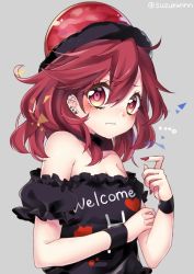 Rule 34 | 1girl, bare shoulders, blush, clothes writing, collar, earrings, grey background, hat, hecatia lapislazuli, jewelry, kyouda suzuka, red eyes, red hair, shirt, simple background, solo, touhou, twitter username