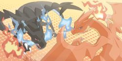 Rule 34 | artist name, breath weapon, breathing fire, charizard, claws, commentary request, creatures (company), fangs, fire, flame-tipped tail, game freak, gen 1 pokemon, hamhsi miyar, looking back, mega charizard x, mega charizard y, mega pokemon, nintendo, no humans, open mouth, pokemon, pokemon (creature), red eyes, tongue, watermark