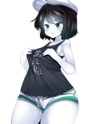 Rule 34 | 1girl, adjusting clothes, black hair, breasts, colored skin, cookie (touhou), doku corne, female focus, green eyes, hat, highres, milk (cookie), murasa minamitsu, no bra, parted lips, short hair, short shorts, shorts, sideboob, simple background, solo, sweat, thick thighs, thighs, touhou, unbuttoned, white background, white skin, wide hips