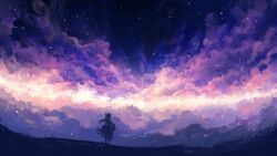 Rule 34 | 1girl, axleaki, cloud, cloudy sky, commentary request, dress, facing away, floating hair, from behind, highres, horns, lens flare, long hair, night, night sky, original, outdoors, purple theme, scenery, silhouette, sky, solo, standing, star (sky), starry sky, wide shot