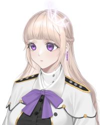 Rule 34 | 1girl, absurdres, bad id, bad twitter id, blunt bangs, bow, braid, earrings, expressionless, french braid, highres, jewelry, long hair, norunollu, original, platinum blonde hair, purple bow, purple eyes, purple neckwear, simple background, solo, upper body, white background