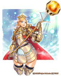 Rule 34 | 1girl, armor, armored gloves, bird, blonde hair, blue eyes, border, breastplate, character request, company name, copyright name, cropped legs, crown, facial mark, forehead mark, holding, holding staff, light frown, long hair, looking at viewer, masn (moxi), open mouth, outside border, pointy ears, shoulder pads, solo, staff, sunlight, thick eyebrows, thighs, white bird, white border, wixoss