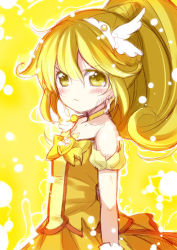 Rule 34 | 10s, 1girl, :&lt;, bare shoulders, blonde hair, blush, bow, cure peace, dress, hair flaps, jpeg artifacts, kise yayoi, long hair, looking at viewer, magical girl, minamura haruki, outline, ponytail, precure, sketch, smile precure!, solo, yellow background, yellow bow, yellow eyes, yellow theme