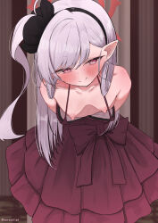 Rule 34 | 1girl, black hairband, blue archive, blush, breasts, closed mouth, downblouse, dress, earosoligt, earrings, grey hair, hair between eyes, hairband, halo, highres, jewelry, leaning forward, long hair, looking at viewer, mutsuki (blue archive), mutsuki (dress) (blue archive), nipples, one side up, pointy ears, purple eyes, red dress, red halo, sleeveless, sleeveless dress, small breasts, smile, solo