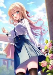Rule 34 | 1girl, :d, amagi shino, artist name, bag, black thighhighs, blonde hair, blue eyes, blush, carrying bag, commentary request, dress, eiffel tower, eyelashes, flower, hair ornament, hair ribbon, happy, highres, long hair, long sleeves, looking at viewer, open mouth, original, paris, ribbon, signature, smile, solo, standing, thighhighs, thighs