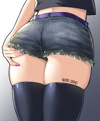Rule 34 | 1girl, ass, ass focus, belt, black shirt, black shorts, black thighhighs, body writing, crop top, crop top overhang, cutoffs, denim, denim shorts, from behind, gradient background, hand on own ass, highres, lower body, micro shorts, nail polish, original, pink nails, purple nails, shirt, short shorts, shorts, skindentation, sky-freedom, solo, standing, thighhighs, thighs