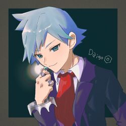 Rule 34 | 1boy, anidf, black jacket, blue hair, border, character name, closed mouth, collared shirt, commentary request, creatures (company), game freak, green eyes, hand up, highres, jacket, jewelry, long sleeves, male focus, necktie, nintendo, pokemon, pokemon oras, red necktie, ring, shirt, short hair, smile, solo, steven stone, upper body, white shirt