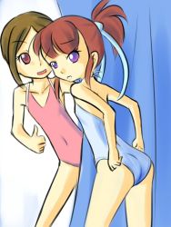 Rule 34 | 2girls, ass, blue one-piece swimsuit, brown eyes, brown hair, collarbone, curtains, digimon, digimon adventure, digimon tamers, drantyno, flat chest, hair ribbon, makino ruki, multiple girls, one-piece swimsuit, open mouth, parted lips, pink one-piece swimsuit, ponytail, purple eyes, ribbon, short hair, side ponytail, smile, swimsuit, teeth, yagami hikari