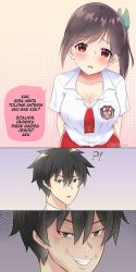 Rule 34 | !?, 1boy, 1girl, black hair, blush, breasts, brown hair, cokjins, comic, green eyes, indonesian text, large breasts, long hair, looking at viewer, necktie, open mouth, original, ponytail, red eyes, school uniform, shaded face, shirt, side ponytail, skirt, smile, smirk, tight clothes, translation request, uniform, white shirt