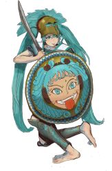 Rule 34 | 1girl, :p, absurdres, ancient greek clothes, aqua eyes, aqua hair, armor, barefoot, commentary, english commentary, greaves, greco-roman clothes, hatsune miku, helmet, highres, hoplite, long hair, mossacannibalis, shield, simple background, sword, tongue, tongue out, twintails, very long hair, vocaloid, weapon, white background