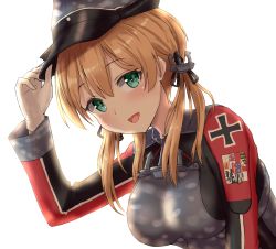 Rule 34 | 1girl, :d, blonde hair, breasts, gloves, green eyes, hair between eyes, hat, highres, kantai collection, large breasts, long hair, long sleeves, looking at viewer, low twintails, military, military hat, military uniform, monoku, open mouth, peaked cap, prinz eugen (kancolle), simple background, smile, solo, twintails, uniform, upper body, white background, white gloves