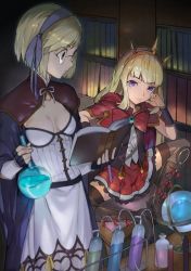Rule 34 | 10s, 2girls, black eyes, blonde hair, blunt bangs, book, bookshelf, boots, bracer, breasts, brooch, brown legwear, butterfly sitting, cagliostro (granblue fantasy), cape, cleavage, cleavage cutout, clothing cutout, djeeta (granblue fantasy), dress, fingerless gloves, flask, frilled skirt, frills, glasses, gloves, granblue fantasy, hair ribbon, head rest, headgear, holding, holding book, indoors, jewelry, long hair, looking at another, mikurou (nayuta), multiple girls, open book, pince-nez, purple eyes, ribbon, round-bottom flask, science, short hair, sitting, skirt, small breasts, smile, spikes, thighhighs, white dress