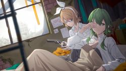 Rule 34 | 2girls, blanket, blonde hair, blue eyes, bow, calendar (object), commentary, expressionless, green eyes, green hair, gumi, gun, hair bow, hairband, highres, holding, holding gun, holding weapon, indoors, kagamine rin, looking at viewer, multiple girls, open clothes, open shirt, rubbing eyes, ruins, shirt, short hair, sidelocks, under covers, vocaloid, waking up, weapon, white hair, white shirt, wounds404