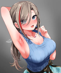 Rule 34 | 1girl, arm behind head, arm up, armpits, artist name, bare shoulders, blue eyes, blush, breasts, brown hair, cleavage, commentary request, eyes visible through hair, festa11307070, grey background, hair between eyes, hair over one eye, jewelry, kurusu natsume, kurusu natsume (1st costume), large breasts, long bangs, long hair, looking at viewer, multicolored hair, necklace, nijisanji, open mouth, paid reward available, presenting armpit, red hair, signature, simple background, sleeveless, smile, solo, streaked hair, two-tone hair, upper body, variant set, virtual youtuber