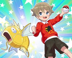 Rule 34 | 1boy, alternate color, blue eyes, clenched hand, collared shirt, commentary request, creatures (company), game freak, gen 1 pokemon, happy, highres, hitokiwa kenchin, holding, holding poke ball, knees, magikarp, male focus, nintendo, open mouth, outline, outstretched arm, poke ball, poke ball (basic), pokemon, pokemon (creature), pokemon swsh, red sweater, shiny pokemon, shirt, short hair, shorts, sparkle, star (symbol), sweater, teeth, tongue, upper teeth only, white shirt, youngster (pokemon)
