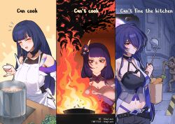 Rule 34 | 1other, 3girls, ?, ^ ^, absurdres, acheron (honkai: star rail), apron, artist name, bag, bare shoulders, blunt bangs, breasts, carrot, cleavage, closed eyes, commentary, confused, cooking, cooking pot, dead space, english commentary, facebook username, fire, food, genshin impact, hair ornament, hair over one eye, highres, holding, holding ladle, honkai: star rail, honkai (series), honkai impact 3rd, king-lenis, ladle, large breasts, long hair, mihoyo, multicolored hair, multiple girls, navel, notice lines, paper bag, plate, potato, purple hair, raiden mei, raiden mei (apho), raiden shogun, sawashiro miyuki, slasher (dead space), smoke, soup, spacecraft interior, streaked hair, sweatdrop, tasting plate, twitter username, white apron