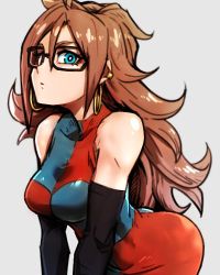 Rule 34 | 1girl, android 21, bare shoulders, black-framed eyewear, blue eyes, breasts, brown hair, checkered clothes, checkered dress, closed mouth, collarbone, commentary request, curly hair, detached sleeves, dragon ball, dragon ball fighterz, dress, earrings, expressionless, flat color, glasses, grey background, hoop earrings, jewelry, kemachiku, leaning forward, long hair, looking at viewer, lowres, medium breasts, sleeveless, sleeveless dress, solo, two-tone dress, upper body, very long hair